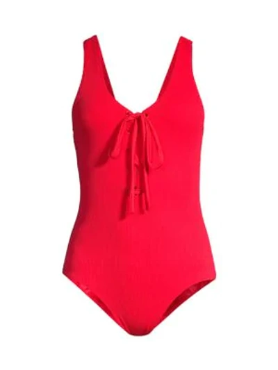 Shop Ganni Textured Lace-up One-piece Swimsuit In Lollipop