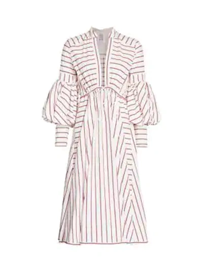 Shop Rosie Assoulin Lantern-sleeve Striped Drawstring Poplin Dress In Multi