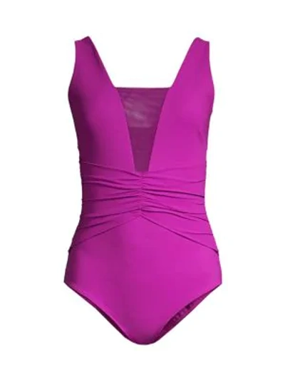 Shop Chiara Boni La Petite Robe Rusha Sheer Underlay Ruched One-piece Swimsuit In Magenta