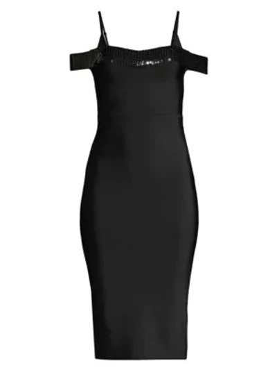 Shop Bcbgmaxazria Sequin-trim Cold-shoulder Cocktail Dress In Black