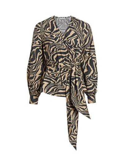 Shop Ganni Women's Zebra Print Wrap Top In Tannin