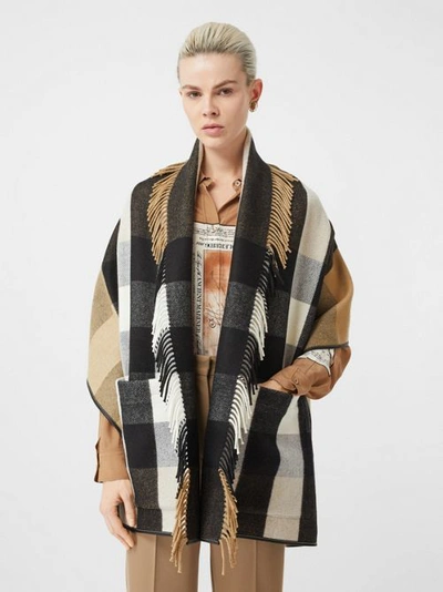 Shop Burberry Check Wool Cashmere Jacquard Cape In Archive Beige