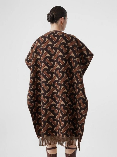 Shop Burberry Faux Fur Detail Monogram Merino Wool Blend Cape In Dark Chestnut Brown
