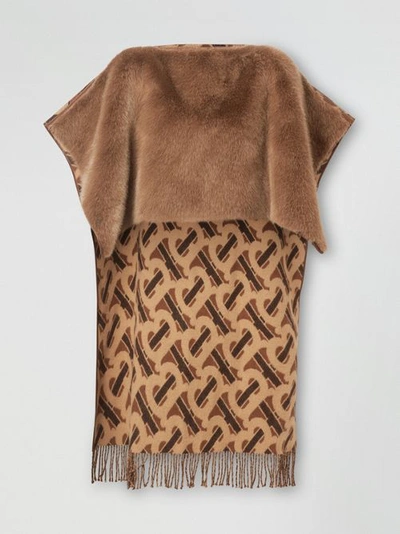 Shop Burberry Faux Fur Detail Monogram Merino Wool Blend Cape In Dark Chestnut Brown