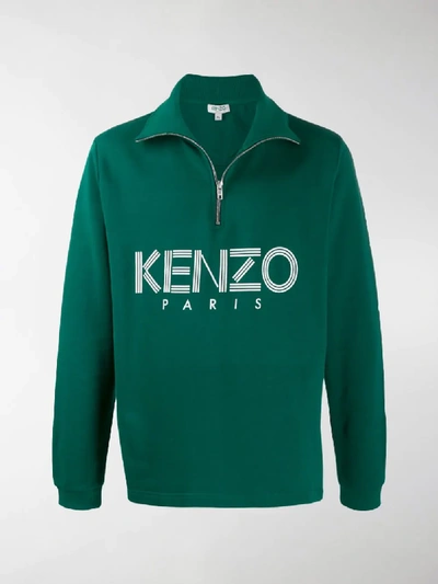 Shop Kenzo Logo Print Zip Up Sweatshirt In Green