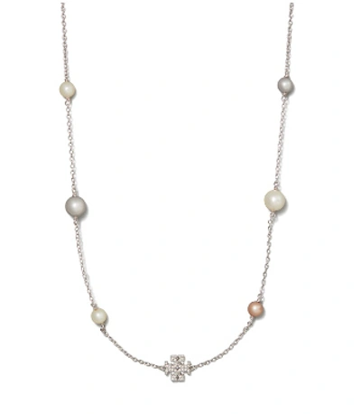 Shop Tory Burch Kira Pavé & Pearl Necklace In Tory Silver/pearl