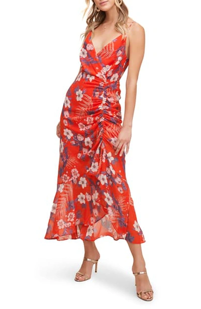 Shop Astr Mariah Ruched Floral Print Midi Dress In Red/ White Floral