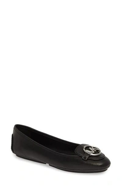 Shop Michael Michael Kors Lillie Logo Ballet Flat In Black Leather/ Silver Logo