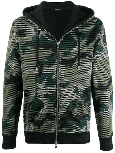 Shop Balmain Camouflage Mesh Zipped Hoodie In Green