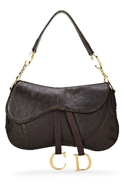 Pre-owned Dior Brown Ostrich Double Saddle Bag
