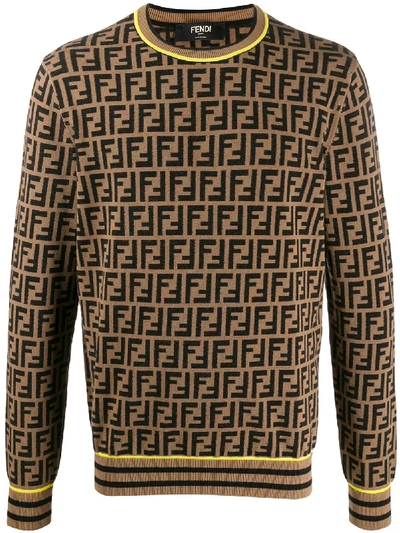 Shop Fendi Ff Logo Knitted Jumper In Brown