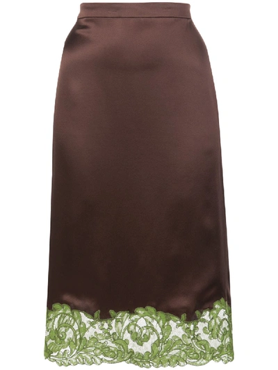 Shop Versace Lace-trimmed Slip Skirt In Brown