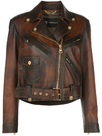 Shop Versace Distressed Biker Jacket In Brown