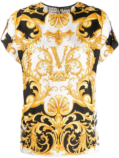 Shop Versace Virtus Baroque Print Silk Blouse In White