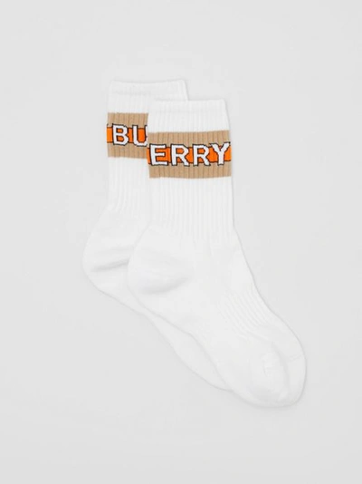 Shop Burberry Logo Intarsia Cotton Blend Socks In White