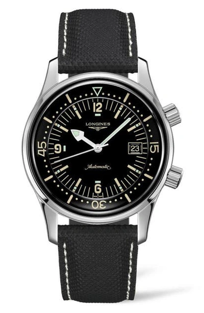 Shop Longines Legend Diver Automatic Leather Strap Watch, 42mm In Black/ Silver