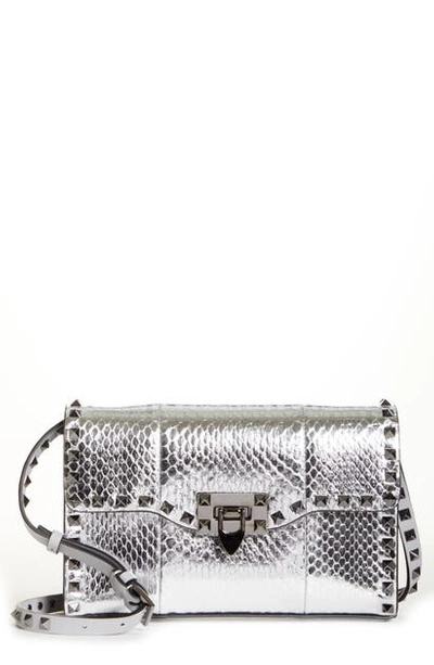 Shop Valentino Rockstud Genuine Snakeskin Shoulder Bag In Silver