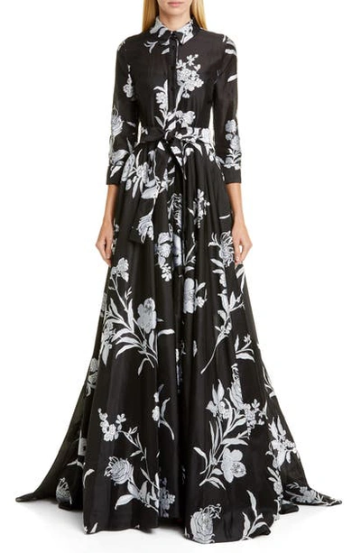 Shop Carolina Herrera Embroidered Floral Belted Trench Gown In Black / White