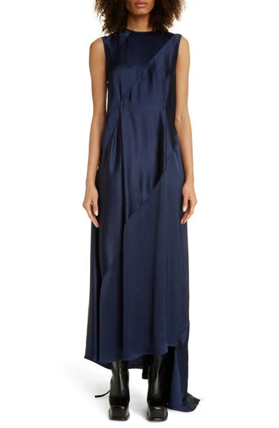 Shop Loewe Asymmetrical Satin Maxi Dress In Navy Blue
