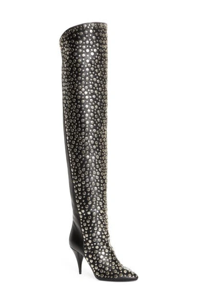 Shop Saint Laurent Kiki Studded Over The Knee Boot In Black/ Silver
