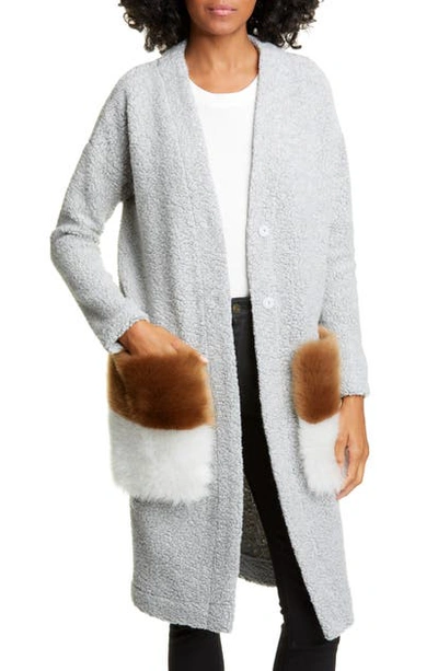 Shop Anne Vest Brisbane Wool Blend Cardigan With Genuine Shearling Pockets In Grey/ White/ Camel