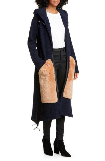 Shop Anne Vest Wool Blend Hooded Cardigan With Genuine Shearling Pockets In Navy