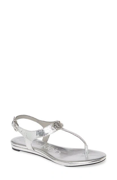 Shop Calvin Klein Shamary T-strap Sandal In Silver Snake Print Leather