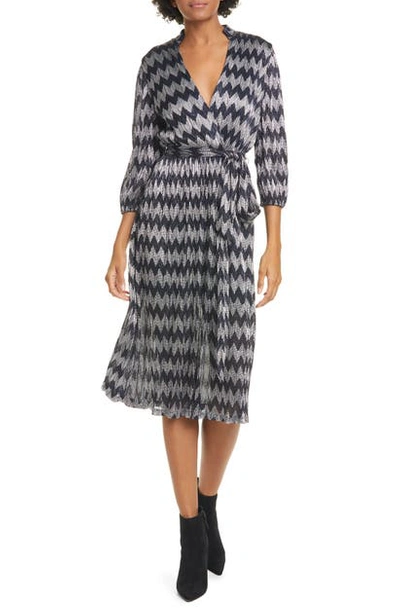Shop Alice And Olivia Katina Belted Faux Wrap Midi Dress In Sapphire/ Silver