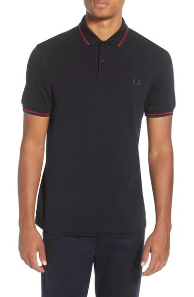 Shop Fred Perry Twin Tipped Extra Slim Fit Pique Polo In Black/ Siren/ Carbon Blue