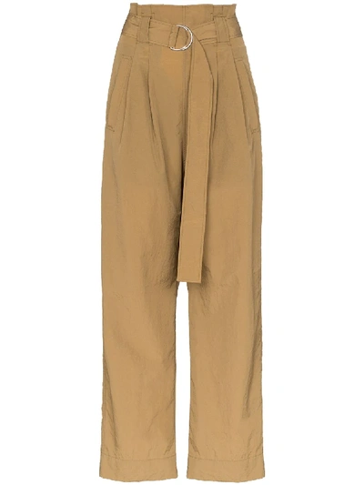 Shop Ganni Belted High-waisted Trousers In Brown