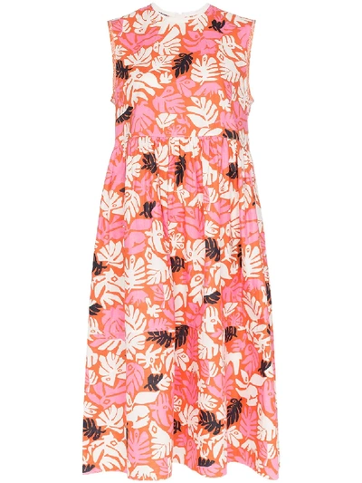 Shop Marni Sleeveless Leaf Print Midi Dress In Pink