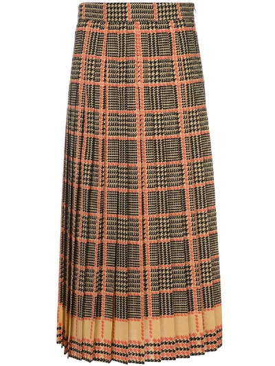 Shop Gucci Check Print Pleated Skirt In Brown