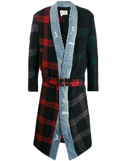 Shop Greg Lauren Contrast Tartan Patterned Belted Coat In Blue