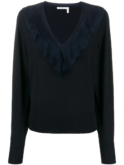 Shop Chloé Ruffled Neck Jumper In Blue