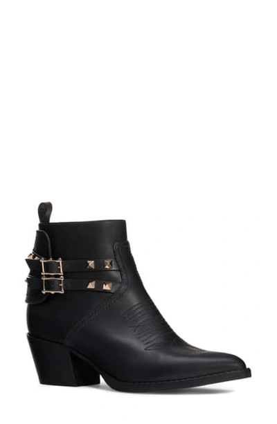 Shop Valentino Rockstud Buckle Western Bootie In Black Leather