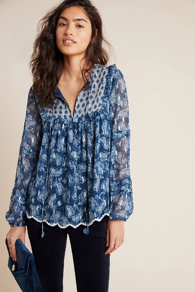 Shop Hemant & Nandita Opal Paisley Peasant Blouse In Blue