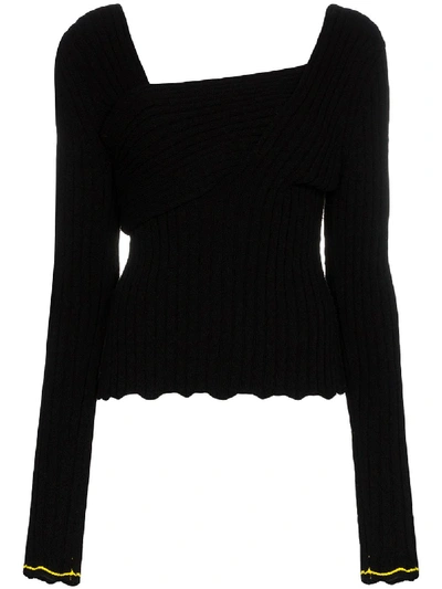 Shop Bottega Veneta Asymmetric V-neck Knit Top In Black
