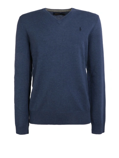 Shop Polo Ralph Lauren Merino Wool V Neck Sweater In Blue