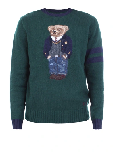 Shop Polo Ralph Lauren Bear Intarsia Wool Sweater In Dark Green