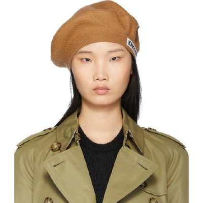 Shop Burberry Tan Merino Wool Logo Beret In Burnt Almon