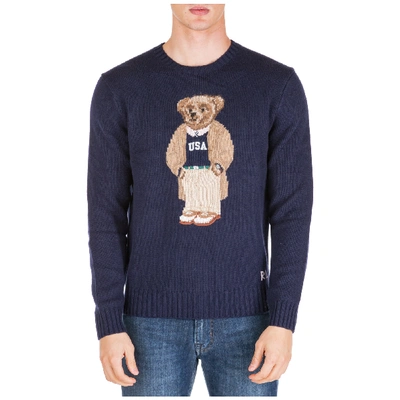 Shop Polo Ralph Lauren Men's Crew Neck Neckline Jumper Sweater Pullover Bear In Blue