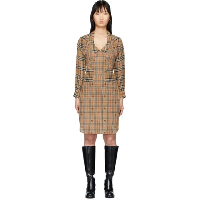 Shop Burberry Beige Check Sleeves Dress In Brown