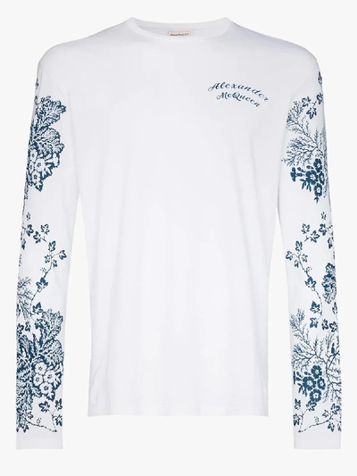 Shop Alexander Mcqueen Floral Sleeve Cotton T-shirt In White