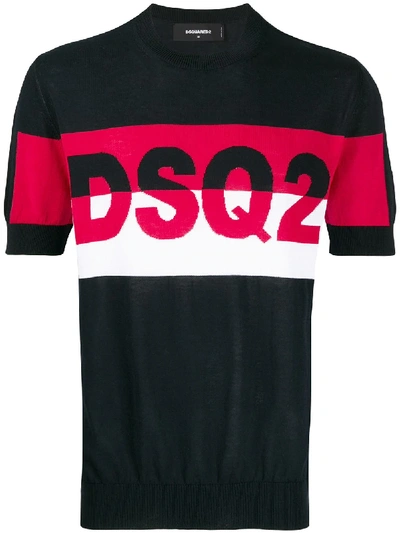 Shop Dsquared2 Short-sleeve Intarsia Logo Sweater In Black