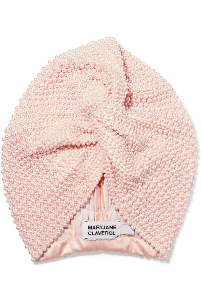 Shop Mary Jane Claverol Frankie Faux Pearl-embellished Satin Turban In Pink