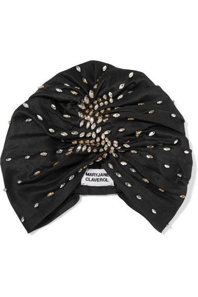 Shop Mary Jane Claverol Shaila Crystal-embellished Pleated Silk Turban In Black