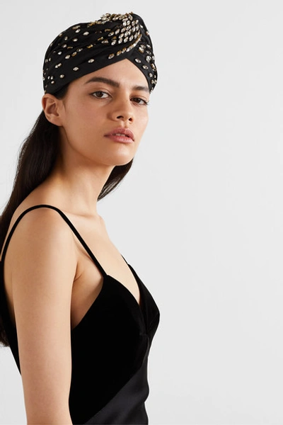 Shop Mary Jane Claverol Shaila Crystal-embellished Pleated Silk Turban In Black