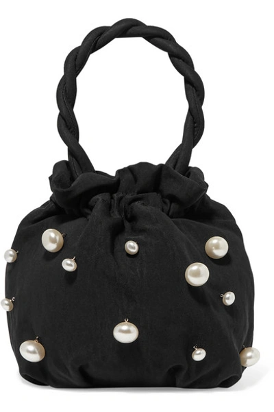 Shop Staud Grace Faux Pearl-embellished Twill Tote In Black
