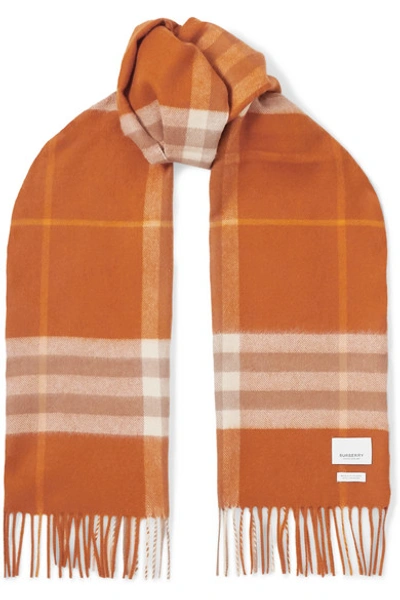 Shop Burberry Fringed Checked Cashmere Scarf In Orange