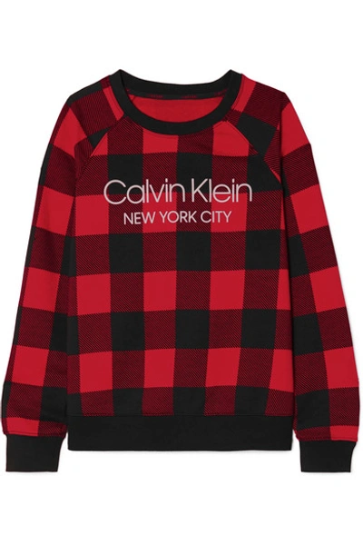 Shop Calvin Klein Underwear Printed Checked Cotton-blend Jersey Sweatshirt In Red